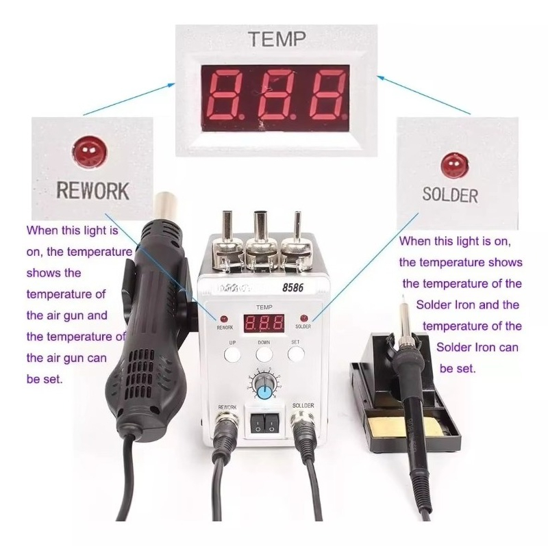 760W 8586 2'si 1 Arada Sıcak H - Smd Rework Station Hot Air Soldering 2 In 1 incelemesi ve fiyatı